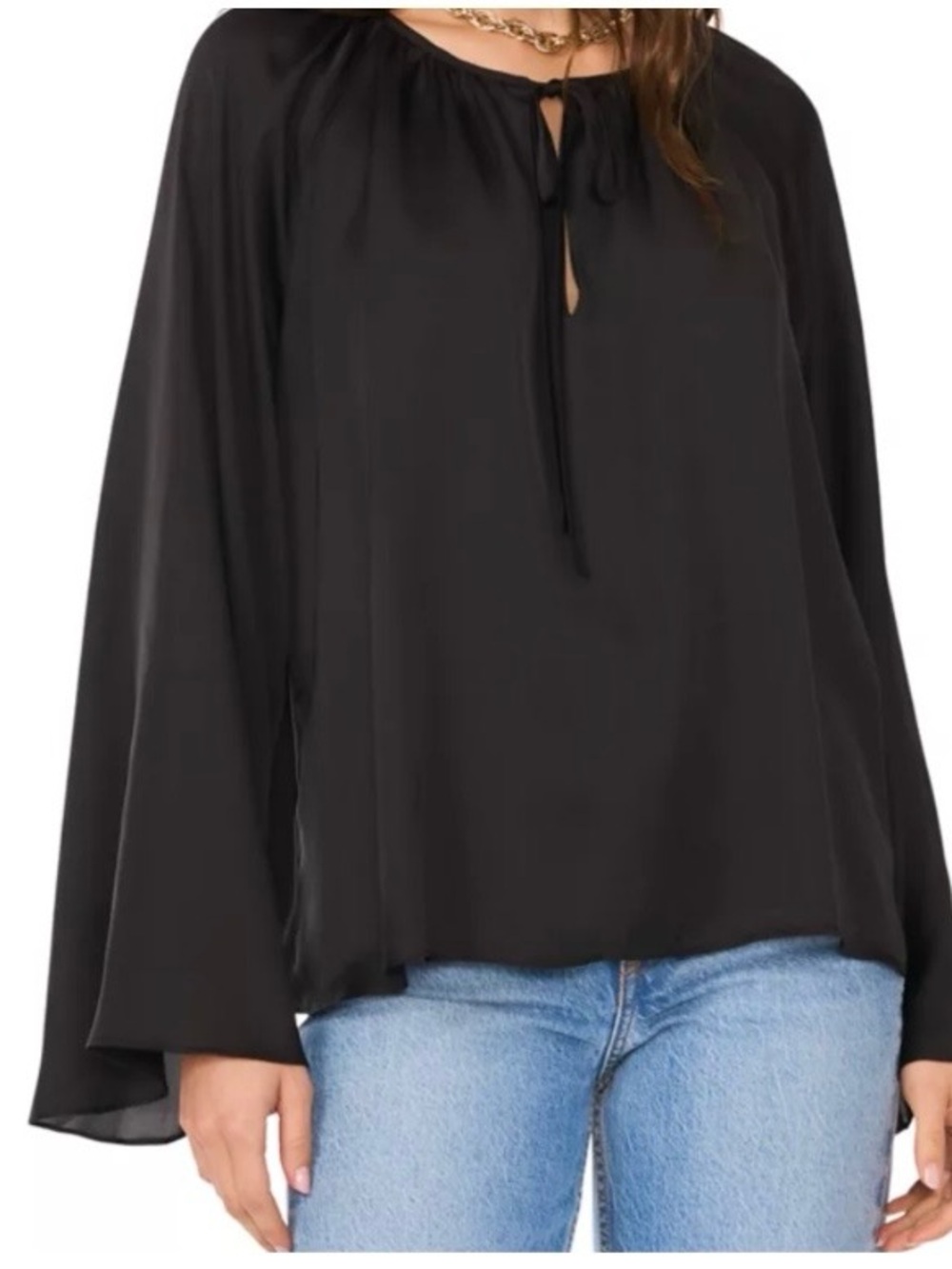 MICHAEL Michael Kors-Black Long Sleeve Peasant Blouse w/Tie Front. Size: Medium
